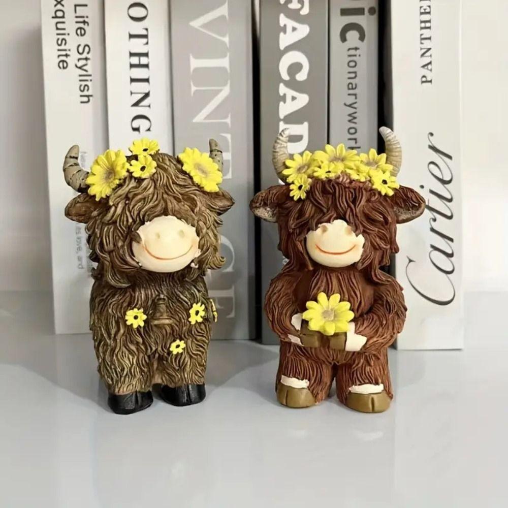 Cute Highland Cow Statue Decorative Animal Sculpture Ornament Cow Figurine  Micro Landscape Model