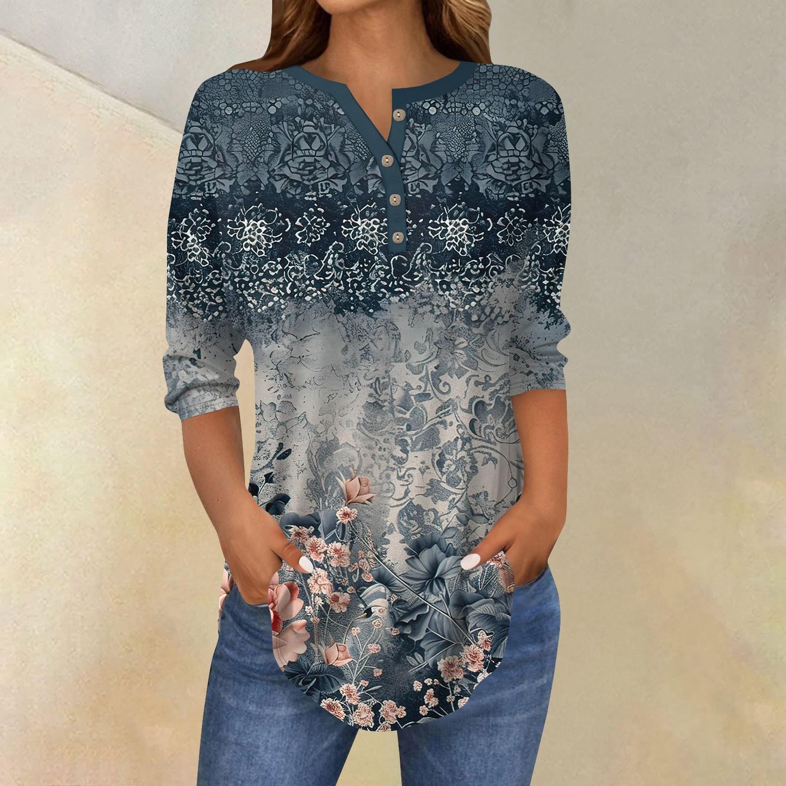 

Рубашки с рукавом 3/4 для женщин, модные, повседневные, с круглым вырезом, с принтом, футболка, топ XL тёмно-синий