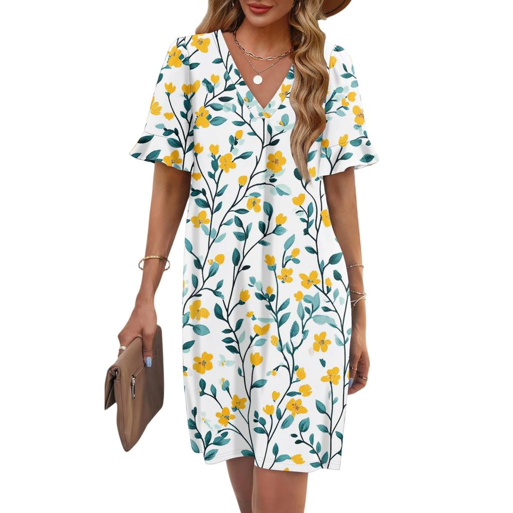 Women's Summer Floral Print Dress Pleated Short Sleeve V-Neck Pocket Casual Dress