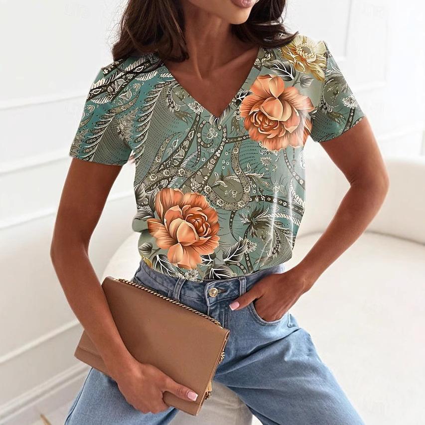 Fashionable and Elegant Plant Floral Print V-neck Short Sleeved Pullover Top Women's T-shirts