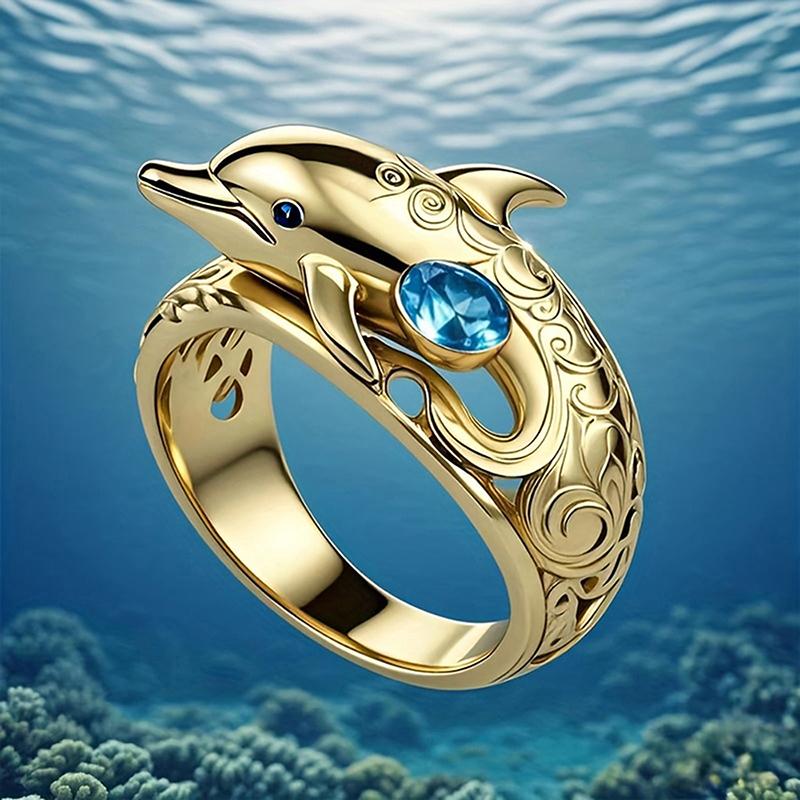 Huitan Chic Dolphin Design Finger Rings for Women Ocean Animal Rings with Blue Cubic Zirconia Gifts Daily Wear Fashion Jewelry