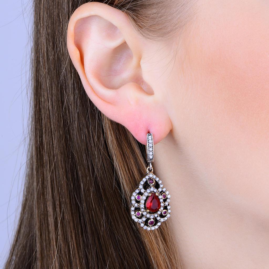 Ottoman Design Ruby Stone Silver Jewelry Set, Turkish Handcrafted Authentic Jewelry Set - Vintage Style Ruby Ring, Earring, Necklace Set