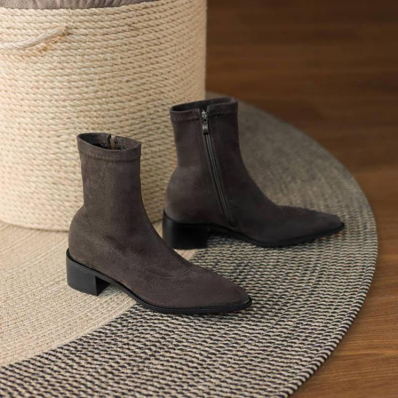 New Comfortable Rubber Sole Pointed Large Size Women's Boots Solid Color Elastic Suede Square Heel Medium Tube Boots Autumn and Winter Martin Boots Wo