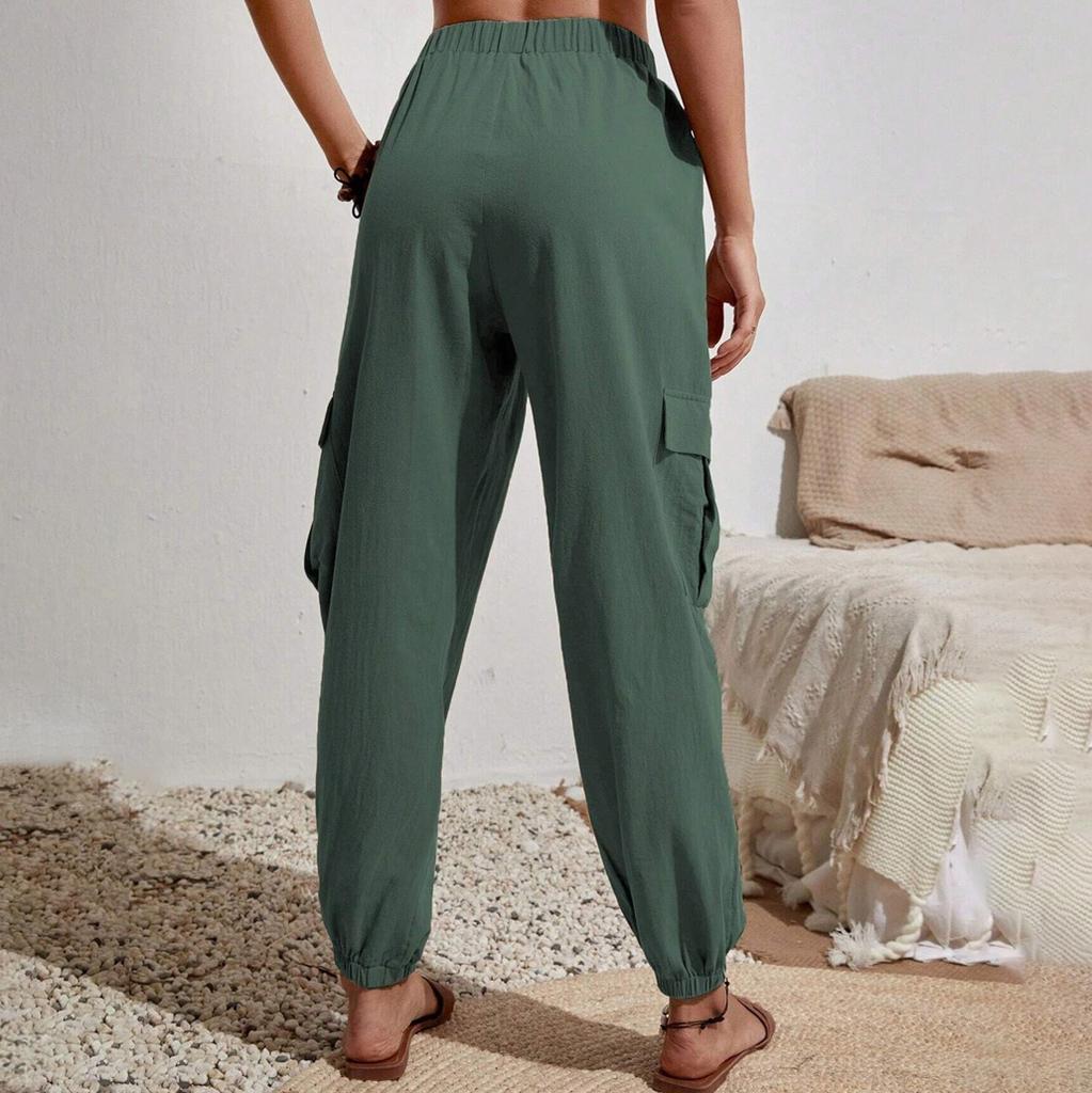 Spring and Summer Women's Fashion Elastic Band All-match Solid Color Pocket Casual Overalls Women's Pants
