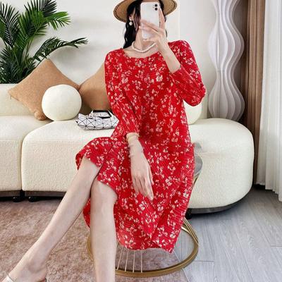 Round Necked Flower Dress for Women's Spring New High-end Stylish Loose Mid Length Cardigan Dress