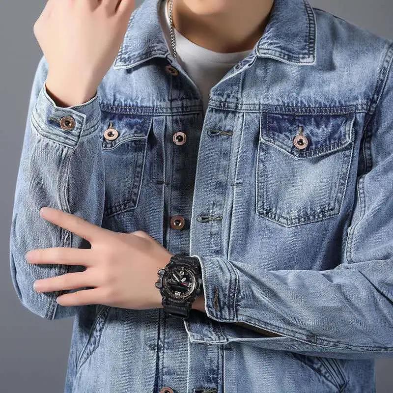 Spring Men's Casual Cotton Denim Jacket Classic Style Fashion Slim Washed Retro Blue Jeans Coat Male