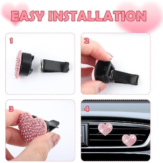 4PCS Heart-Shaped Car Vent Clips with Rhinestone,Bling Air Vent Clips Car Decorations,Premium Shiny Car Clips for Vents CCar Accessories Interior for