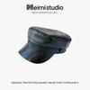 25 Early autumn new leather flat top hat newsgirl hat British retro face little navy hat tide