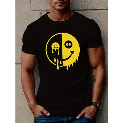 European Sizes Melting Face Print Tees For Men, Casual Crew Neck Short Sleeve T-Shirt, Comfortable Breathable T-shirt For Summer