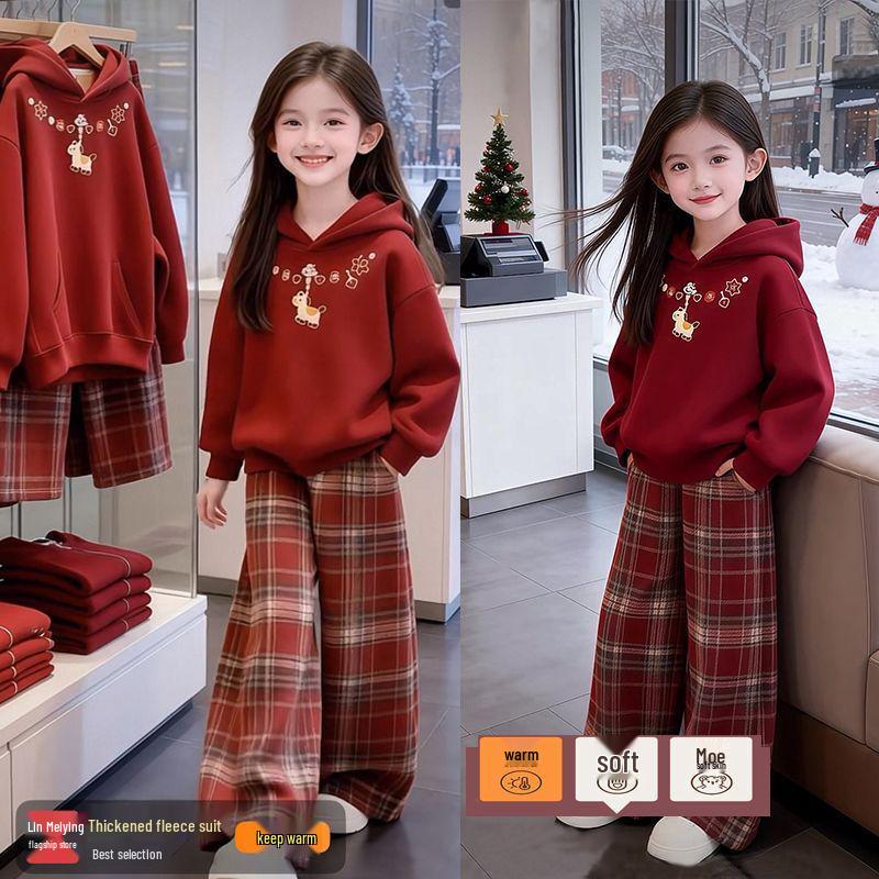 Girls' 2026 Winter Chic Hoodie & Plaid Sweatpants Set