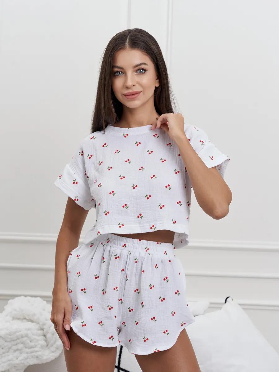 

Cherry Print Cotton Short Sleeve & Shorts Women s Casual Set S белый