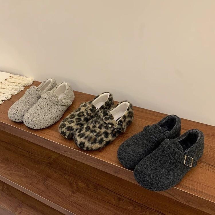 Leopard Print Mary Jane Fluffy Shoes Women's Winter 2025 New Ugly Cute Bread Cotton Shoes Velcro Flat Plush Single Shoes