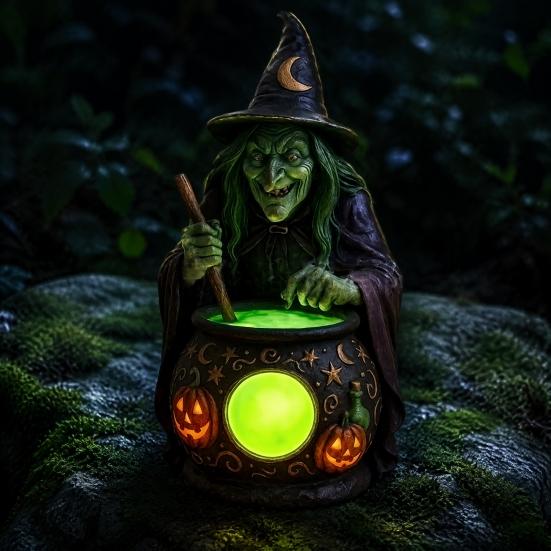 Artesanías de Resina Hechas a Mano Lámpara Caldero de Bruja de Halloween, Adorno de Estatua, Accesorios de Habitación Artísticos Decorativos Espeluznantes Luz para Escritorio Mesa