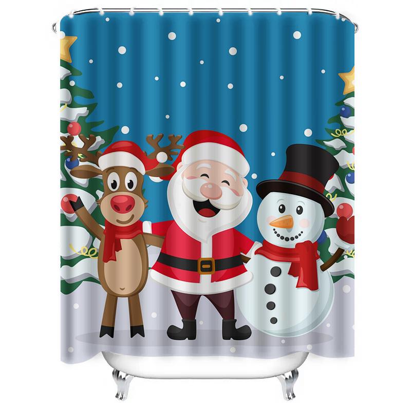 TU Festive Christmas Shower Curtain Santa Reindeer Snowman Holiday Bathroom Decor Waterproof Fabric Backdrop