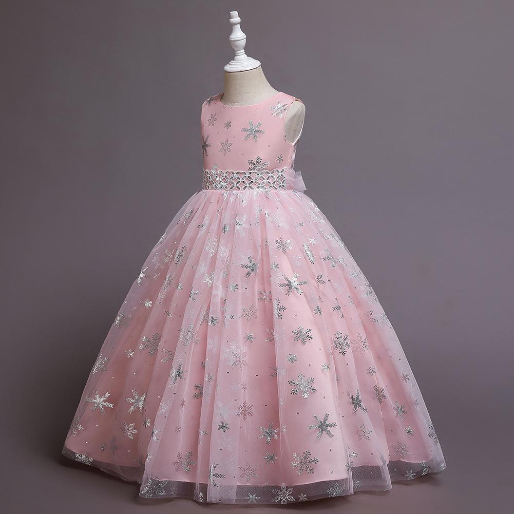 Summer Spring Autumn Kids Teen Girl Dress Sleeveless Snowflake Embroidery Mesh Princess Dresses Children Tutu Flower Girls Kid Party Ball Gown