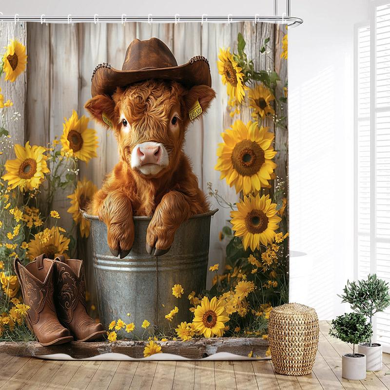 Brown Highland Cattle Shower Curtain Funny Farm Animals Sunset Rustic Flowers Scenery Fabric Bathroom Curtains Decor With Hooks