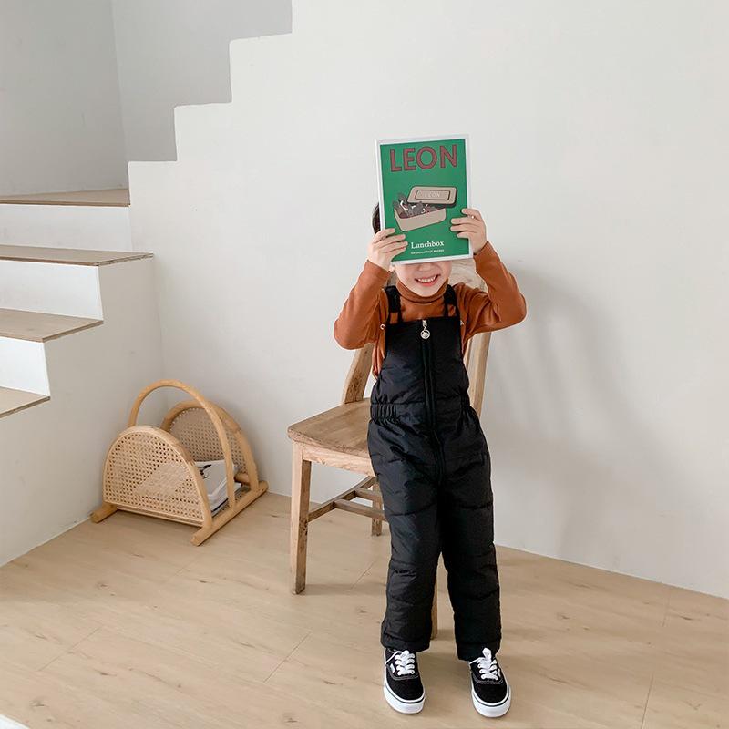 2026 Kids' Down Cotton Pants: Warm Autumn/Winter Overalls for Boys & Girls, Solid Colors.