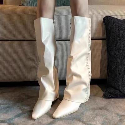 Huge Legs! White Trouser Boots High Heels Spice Girl Knight Boots Pointed Toe Slope Heel High Tube But Knee Boots Women