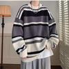 Men's Japanese Retro Striped Contrast Color Thick Loose Knitted Sweater Jacket for Autumn and Winter