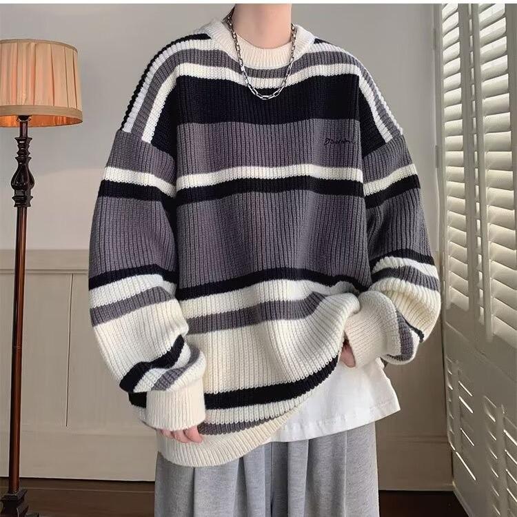 Men's Japanese Retro Striped Contrast Color Thick Loose Knitted Sweater Jacket for Autumn and Winter