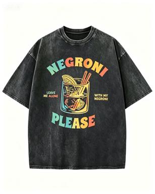 2026 new Vintage Washed Black Tshirt Retro Cocktail Negroni Print Casual Short Sleeve Tee 2XL