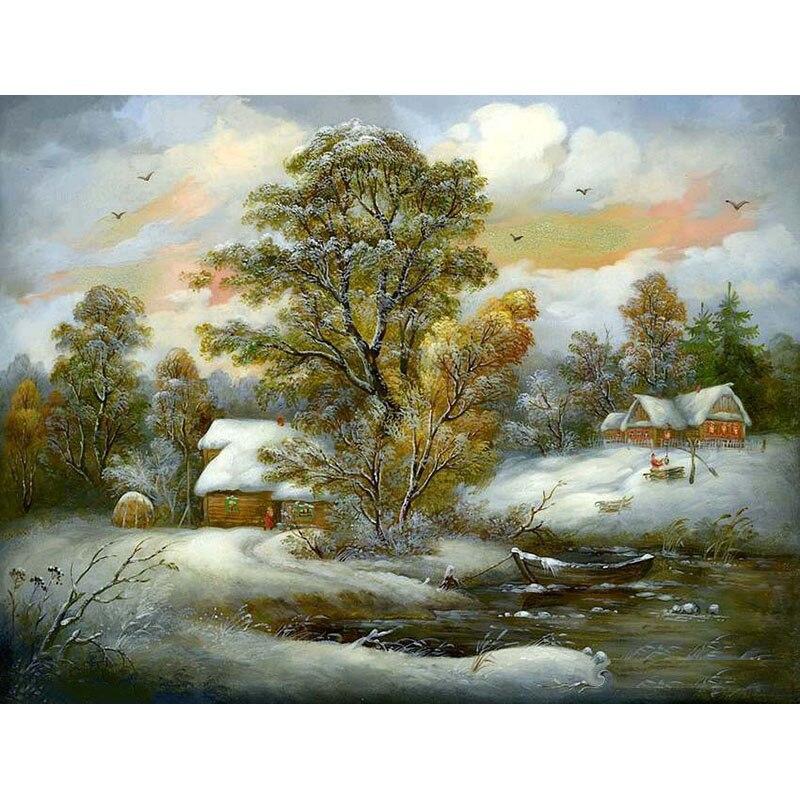Pictură cu diamant DIY 5D Scenă de zăpadă Broderie cu diamant Peisaj Artizanat cu punct de cruce Burghiu rotund complet Decor pentru casa Cadou manual