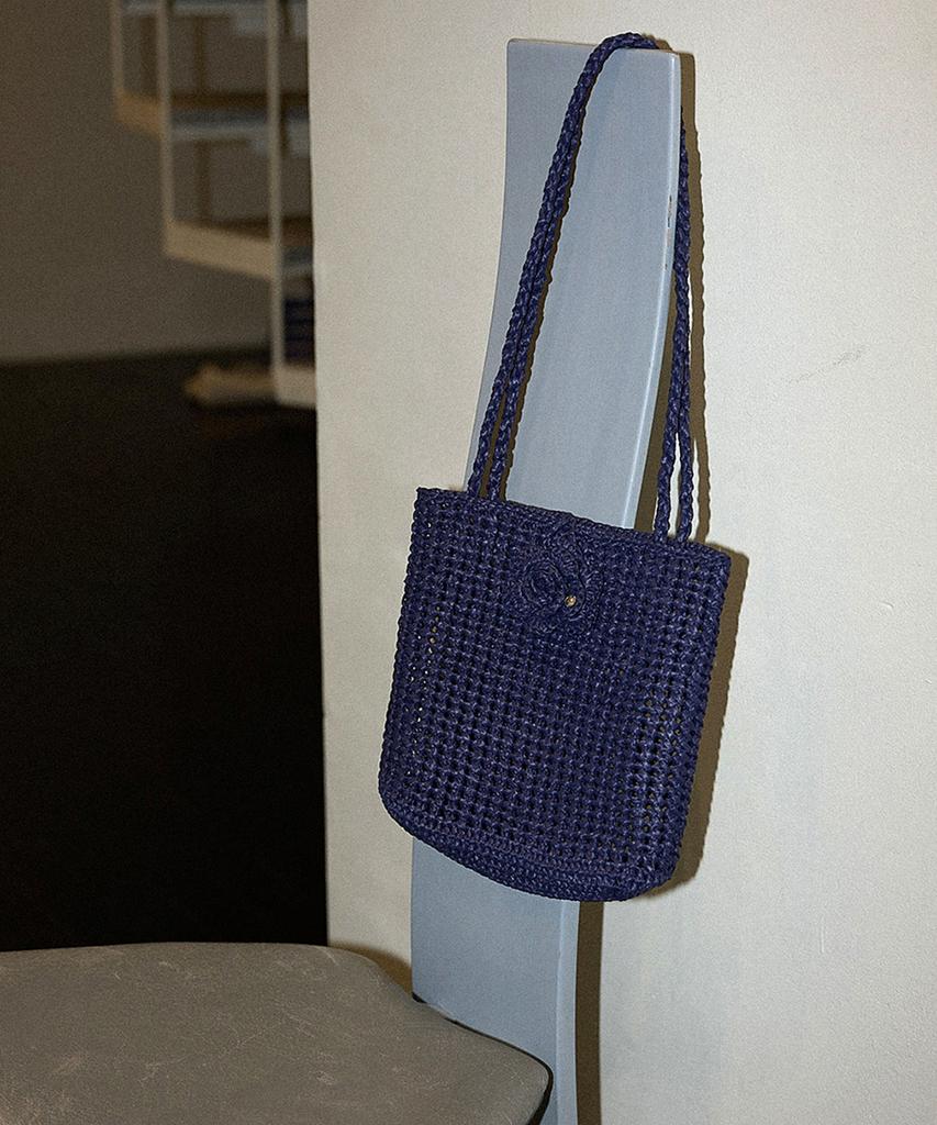 Slowslowly Camellia Handmade Crochet Raffia Shoulder Bag _ Navy