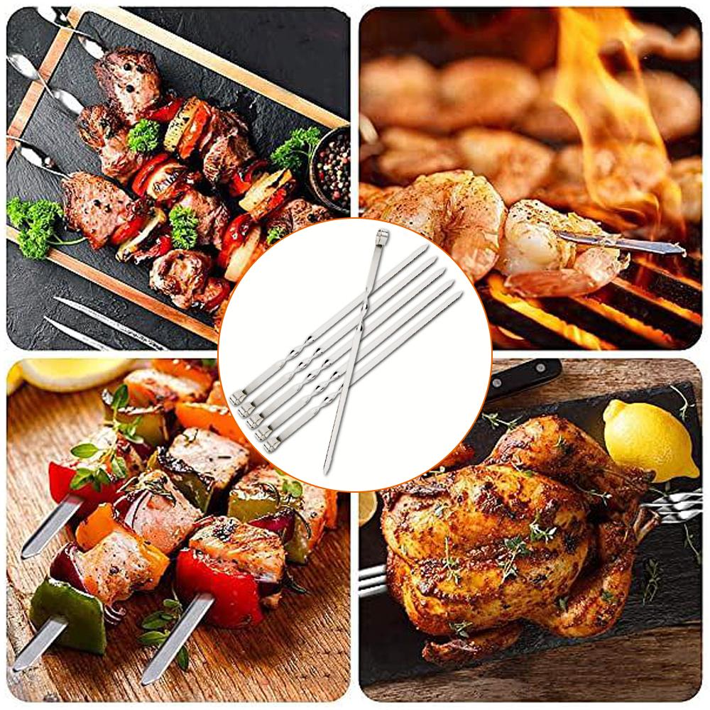 6pcs Stainless Steel Barbecue Skewer Flat BBQ Sticks Fork Outdoor Camping Picnic Utensil Kitchen Accessories