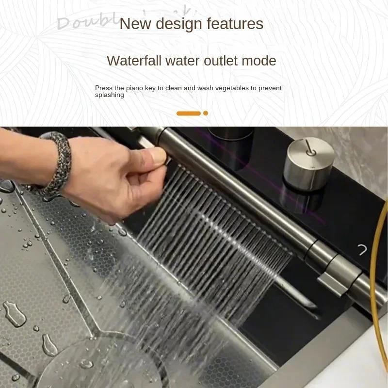 304 New Digital Display Waterfall Sink Stainless Steel Kitchen Sink With Smartphone Holder Embossed Large Single Slot Wash Basin
