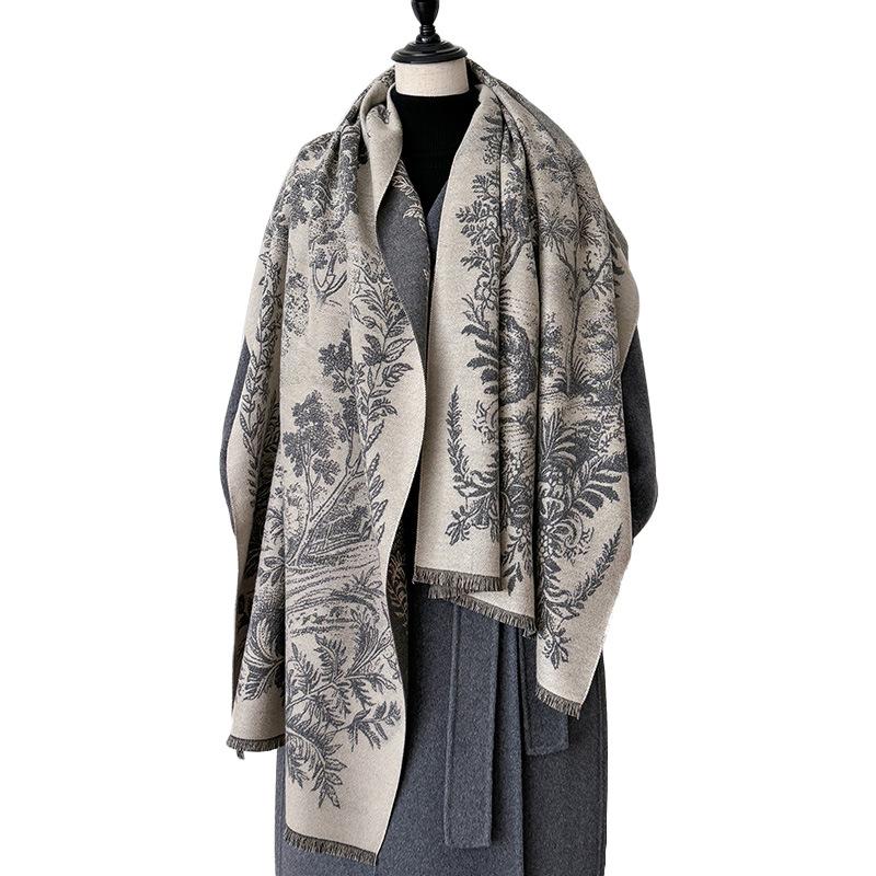 Retro Plants Mori Landscape Scarf Shawl High Sense Women's Imitation Cashmere Warm Scarf Women
