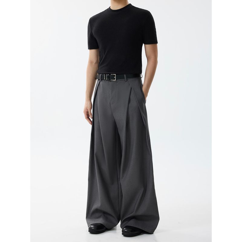 Blaexit Old Money Style A-Line Pleated Dress Pants for Men, Cleanfit Casual Loose Wide-Leg Black Scimitar Trousers
