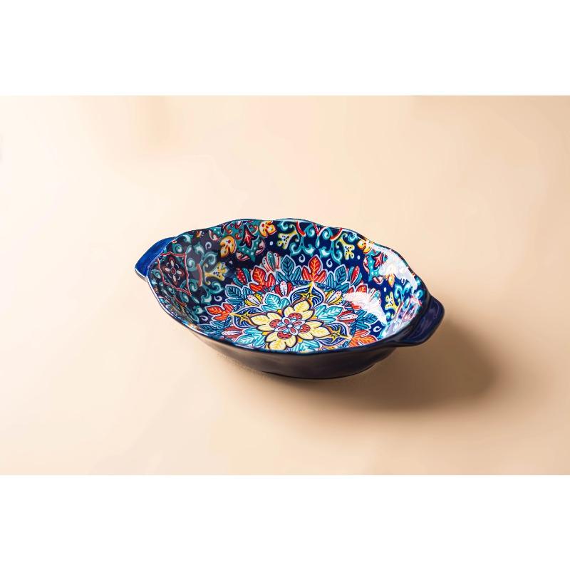 Bohemian Egg-shaped Ceramic Baking Pan Pasta Plate Fruit Salad Plate Colorful Combination Set, 9 Inch