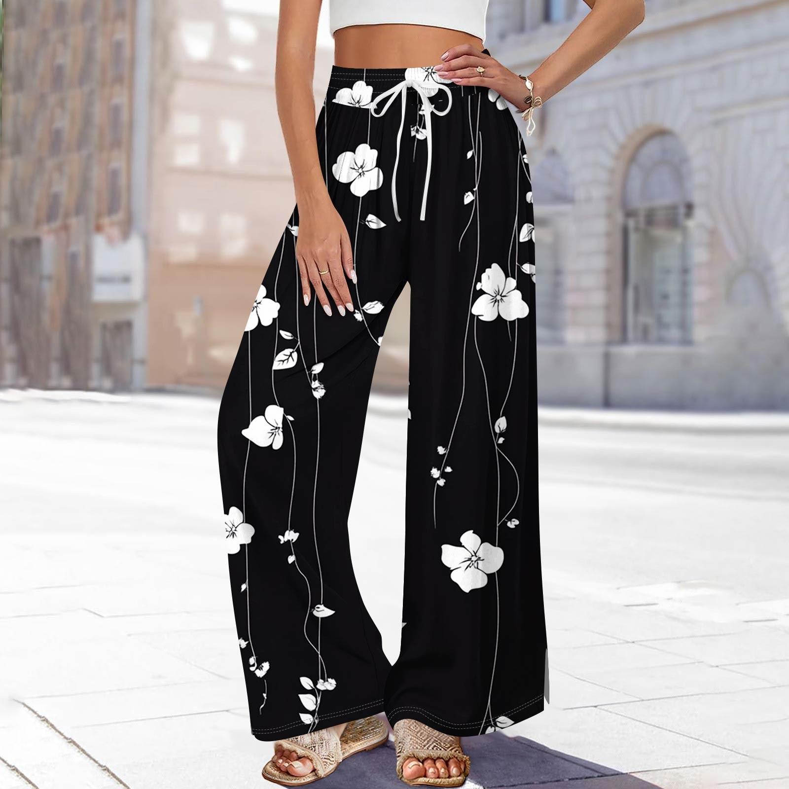 

Женские брюки с принтом и широкими штанинами, с карманами, с высокой талией, на кулиске, свободные, повседневные L чёрный