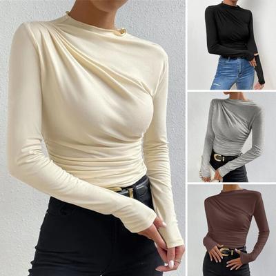Camisa inferior de color liso para mujer, cuello medio alto, manga larga