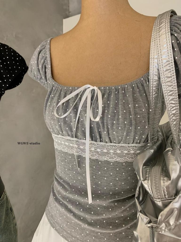 Petite Polka Dot Square Neck T-shirt - Women's Spring/Summer Slim Fit Short Sleeve Top