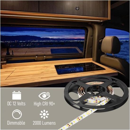 RV Flexible LED Strip Light 12V Dimmable Tape Light 16.4 Ft 600 LEDs 2000 Lumen Width 5/16” For Camper Van Motorhome Truck Trailer Interior