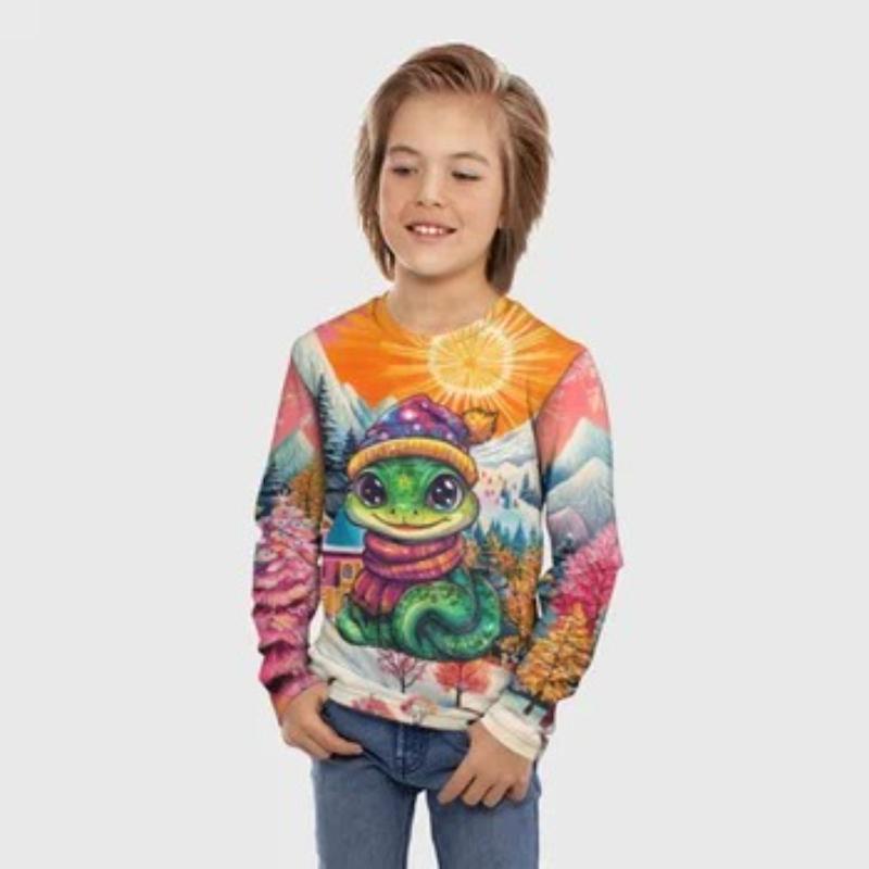Children's Cartoon Fox Kitten Printed Animal T-shirt Boys Cute Long Sleeved Soft Comfortable Top