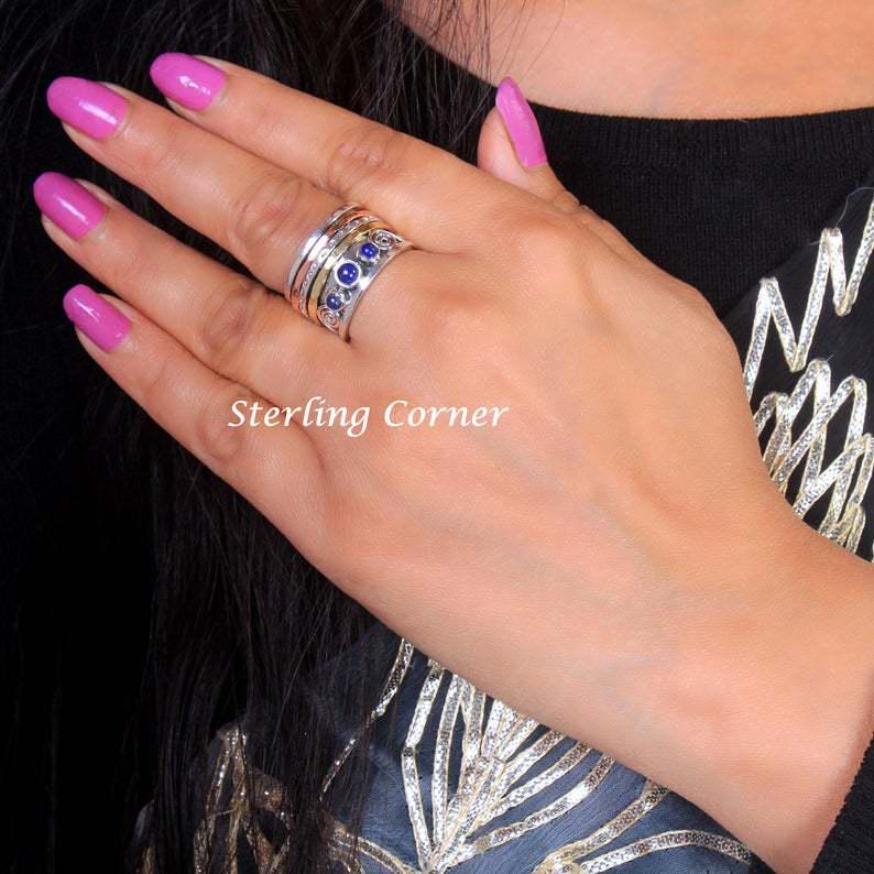 Bohemian Vintage Thajský Stříbrný Prsten s Lapis Lazuli s Gravírováním