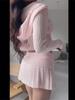 Fashion Hot Girl Pink Knit 2-piece Set Women Design Sweet Skinny Long Sleeve Hooded Tops Female + Elastic Waist Short Skirt New