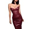 Women's Temperament Fashion PU Leather Splicing Chest Strap Fold Slit Slim Waist Long Dress
