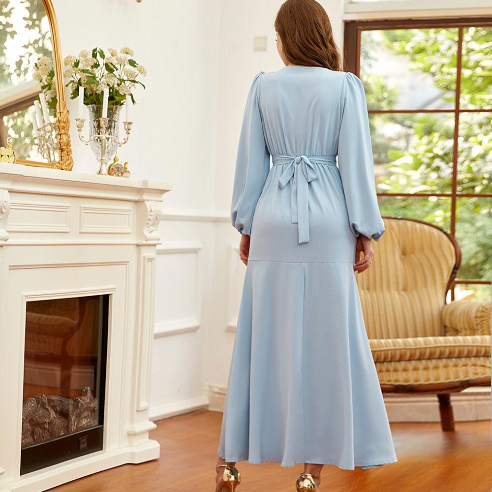 Women's Muslim Dress Light Blue Cross V-neck Hand Beaded Belted Abaya Ramadan Dress