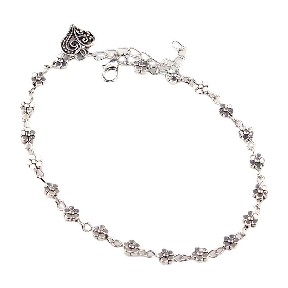 

Стильные серебряные выдолбленные ножки с пятью лепестками сливы в стиле ретро, ​​ножной браслет в форме персикового сердца