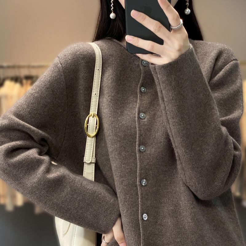 2025 Women's Autumn/Winter Slimming Wool Knit Cardigan - Round Neck, Rolled Edge, Solid Color Sweater Coat