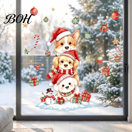 Removable Puppy Stickers for Bedroom Christmas Wall Decals, Watercolor Stacked Dogs Stickers, Self?Adhesive PVC Xmas Reusable Door Decals