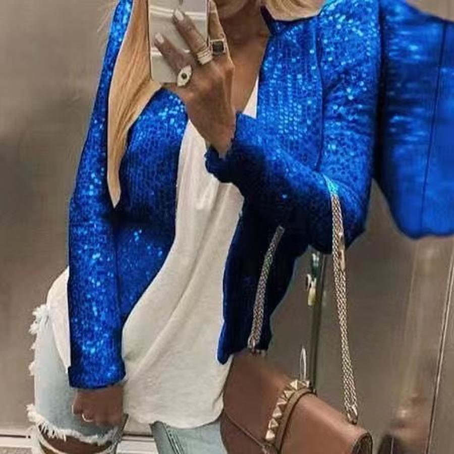 Lente Nieuwe Damesmode Opstaande Kraag Patchwork Pailletten Jas Kort Casual Veelzijdig Bovenkleding