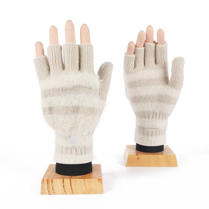 Autumn and Winter Couple Gloves Men and Women Thick Imitation Cashmere Gloves Women Striped Half Finger Gloves Touch Screen Two Fingers Office Writing