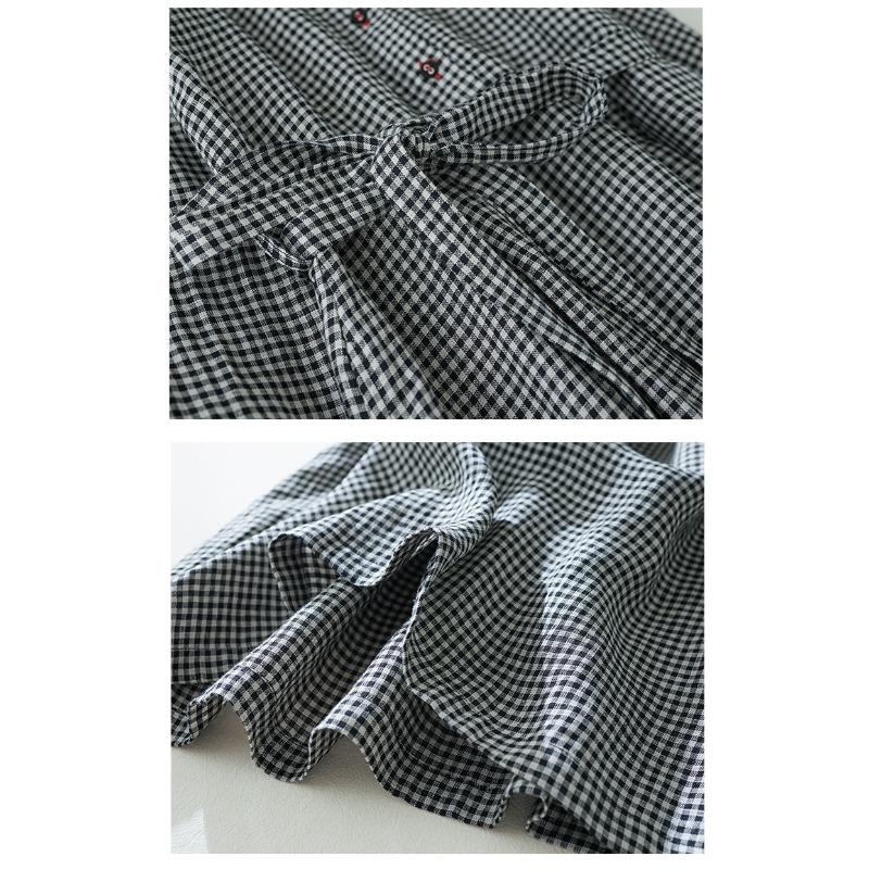 Rochie Nouă de Toamnă în Carouri din Bumbac și In, Rochie Cămașă Largă cu Mâneci Lungi pentru Femei