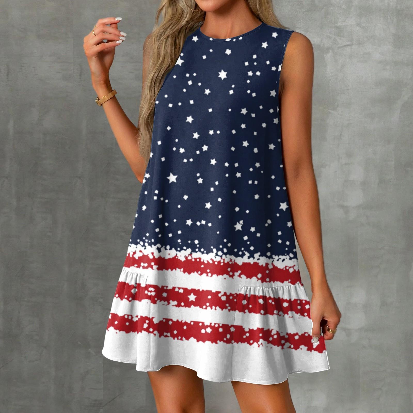 

Женские модные повседневные платья без рукавов с круглым вырезом и оборками с принтом «День независимости» XL белый