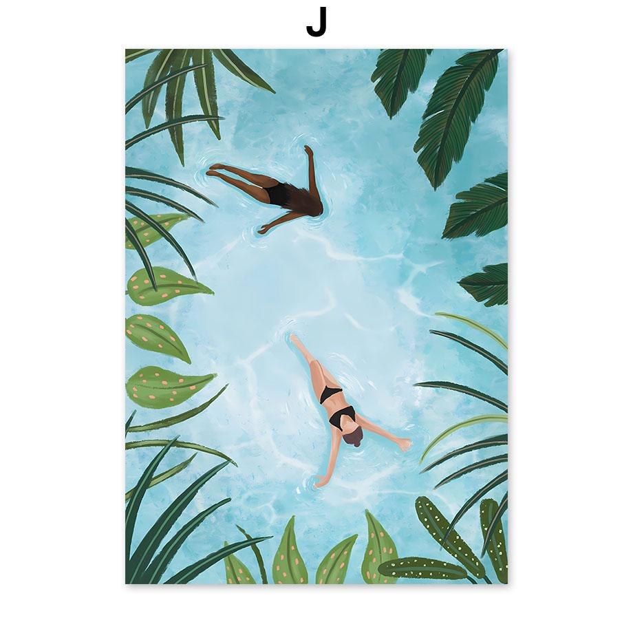 Boho Abstract Girl Lake Birds Leaf Illustration Wall Art Canvas Painting Nordic Poster And Prints Pictures For Living Room Decor