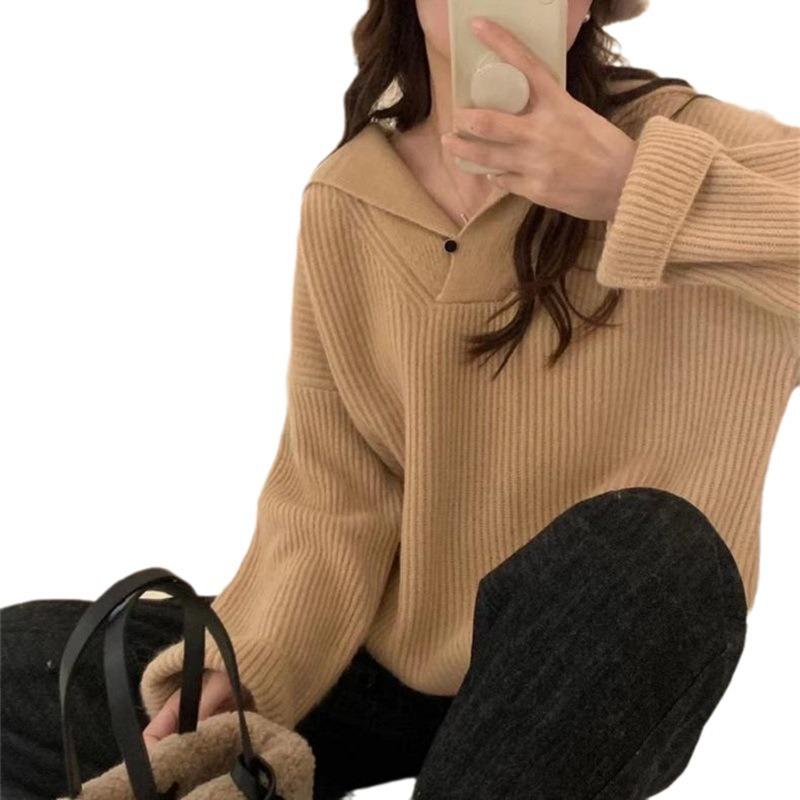 One-button Design Pit Strip Knitted Sweater Simple Lazy Solid Color Navy Lapel Sweater Women's Autumn and Winter New